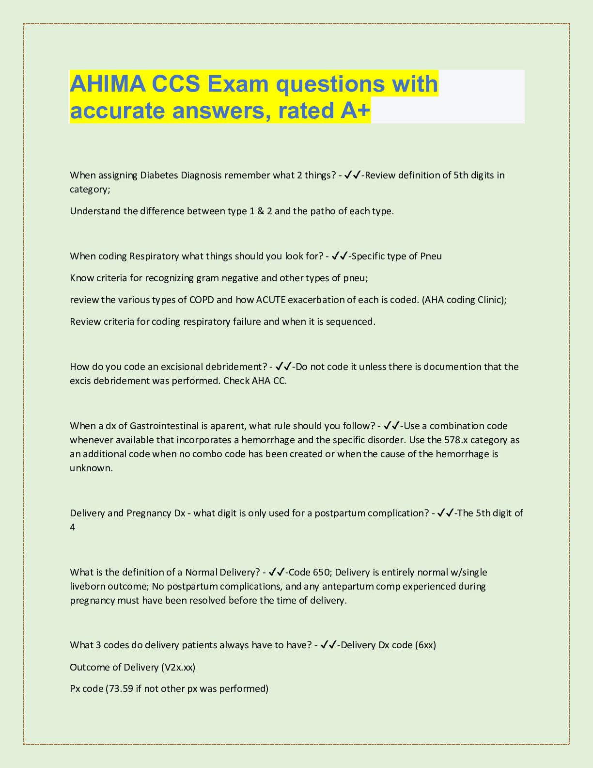 Preview image for AHIMA CCS Exam questions with  accurate answers, rated A+